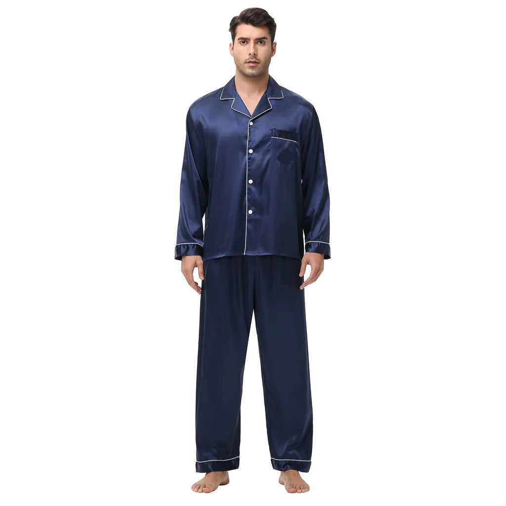 Men Pajamas Set Silk Satin Sleepwear