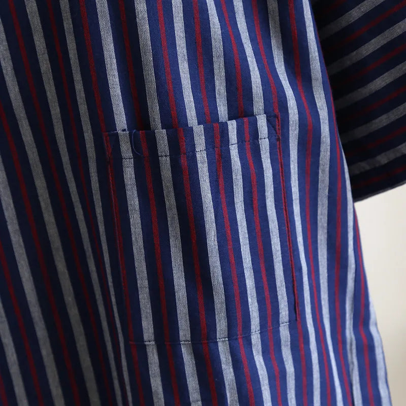 Blue Red Striped Printed Robe for Men 100% Cotton Kimono Men Bathrobe for Spring Autumn 100% Cotton Long Style Men Kimono Robe