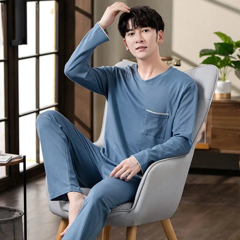 Fashion Lounge Pajamas Sets Men's Spring New Long-sleeved Tops with Trousers Cotton Homewear Comfort Simple Sleepwear Two Pieces