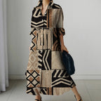 Womens Fashion Retro Splicing Printed Long-sleeved Dresses Fall And Winter Single-breasted Loose Dresses New Lapel Shirt Dresses
