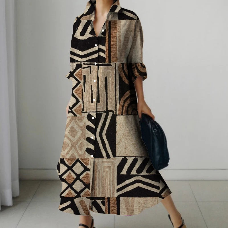 Womens Fashion Retro Splicing Printed Long-sleeved Dresses Fall And Winter Single-breasted Loose Dresses New Lapel Shirt Dresses