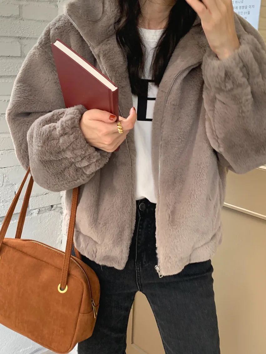 Women Autumn Winter Thicken Warm Coat Stand-Collar Loose Fur Plush Zipper Jacket Soft Comfortable Casual Simple Solid Outerwear