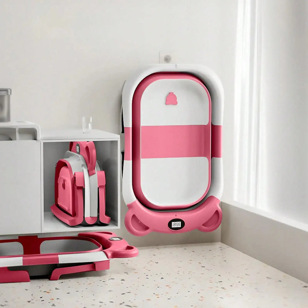Portable Travel Bathtub, Collapsible Baby Bathtub, with Thermometer &1Soft Floating Cushion, with Drain Hole,For Baby 0-36 Month