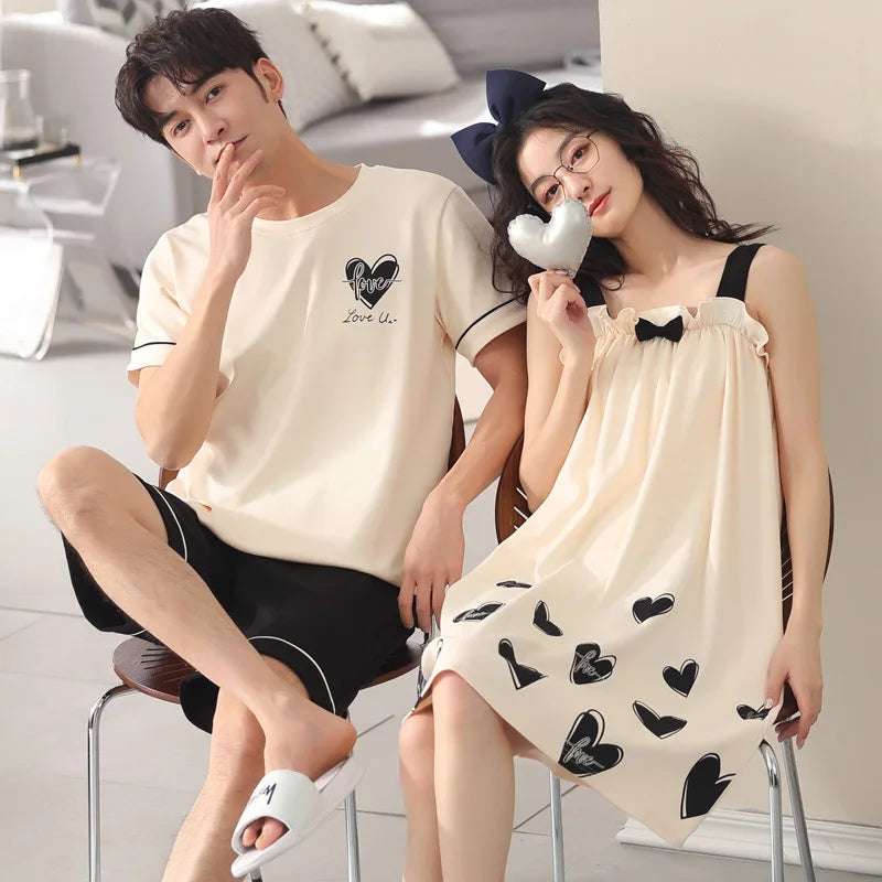 Summer Pyjamas Men Knited Cotton Pajamas Set Korean Sweet Pijamas Ladies Sexy Sleepwear Home Clothing For Youth Boy Girl