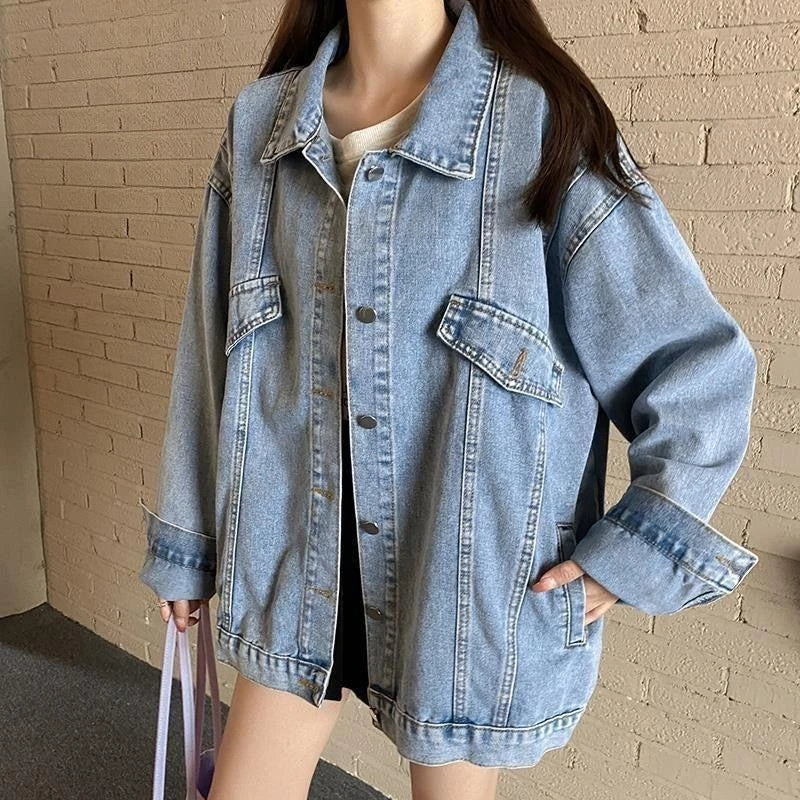 2025 Spring Autumn New Women Denim Jacket Boyfriend Loose Harajuku Design Unique Mid Length Casual All Match Outerwear