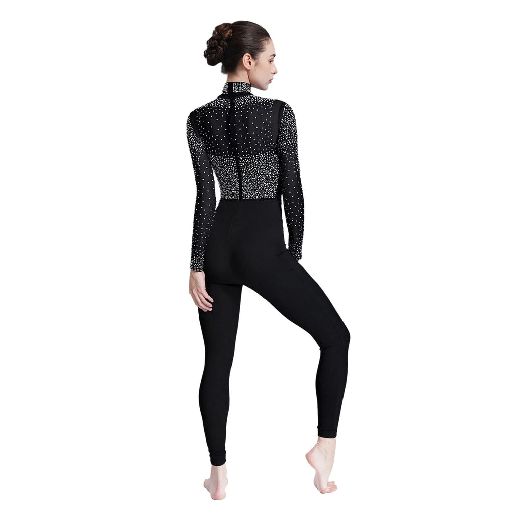 Women's Glittery Rhinestones Gymnastics Jumpsuit Sheer Mesh Patchwork Mock Neck Long Sleeve Dance Rompers One-piece Bodysuit