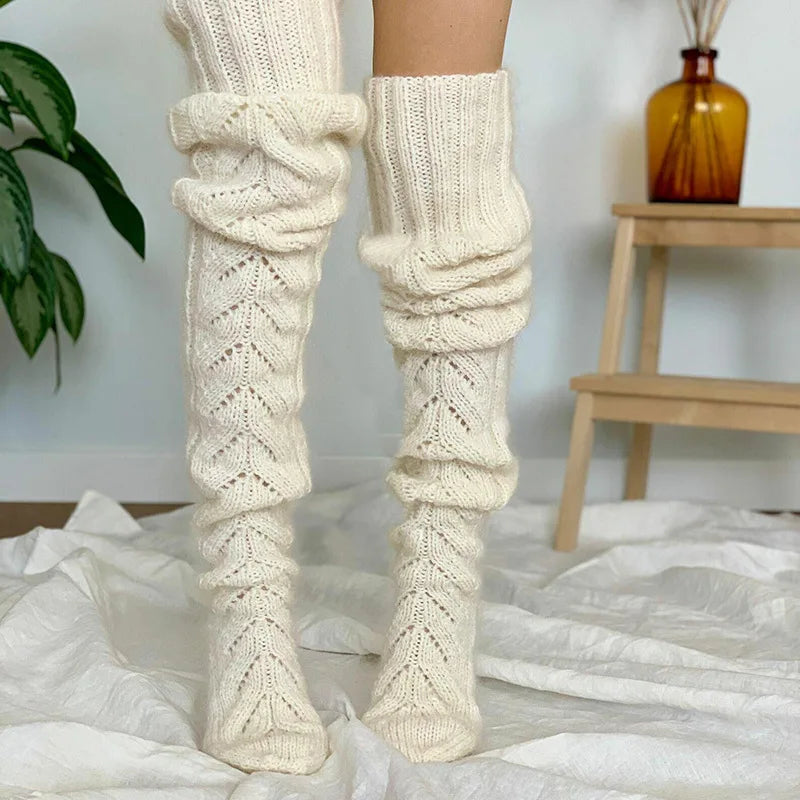 Knitted Leg Warmers Solid Color Hollow Mesh Long Over The Knee Stacked Socks Women Wool Winter Warm Socks Home Long Socks