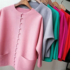Woman Clothing T-shirt Bat Sleeves Loose and Pleated Small Jacket Women's Single-breasted Pocket Design Pleated Semi-Turtleneck