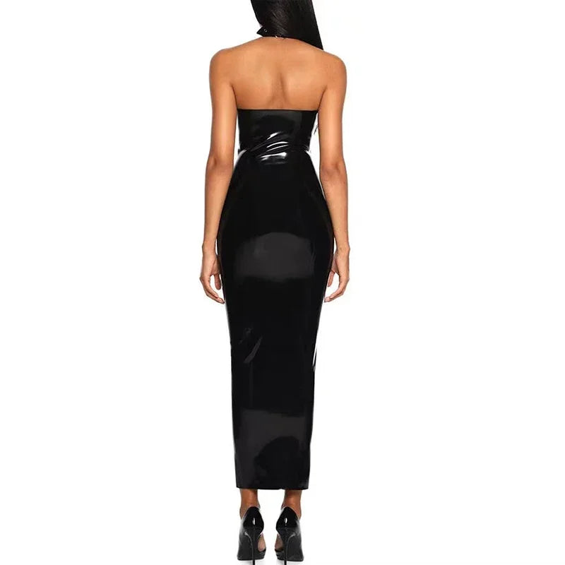 Women's Sexy Halter Neck Dress, Wet Look Patent Leather, Long Party Dress, Sleeveless Stretchy Maxi Dress, Custom Strapless