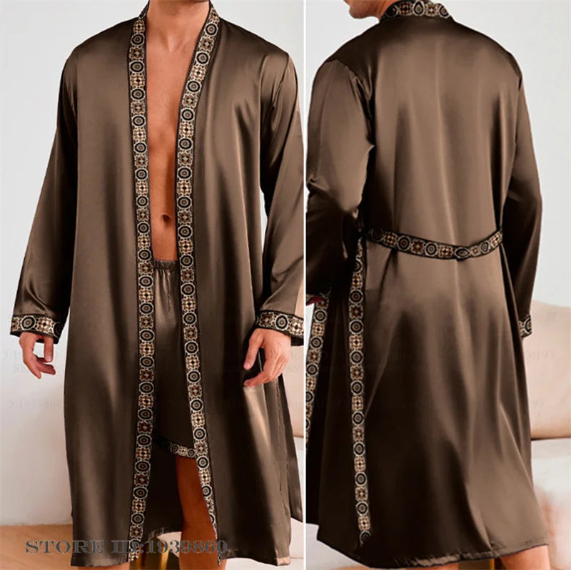 Men Long Robe Pajamas Set Baroque Style Kimono Bathrobe Gown Spring Summer Male Sleepwear Home Clothing Rayon Loungewear Pijamas