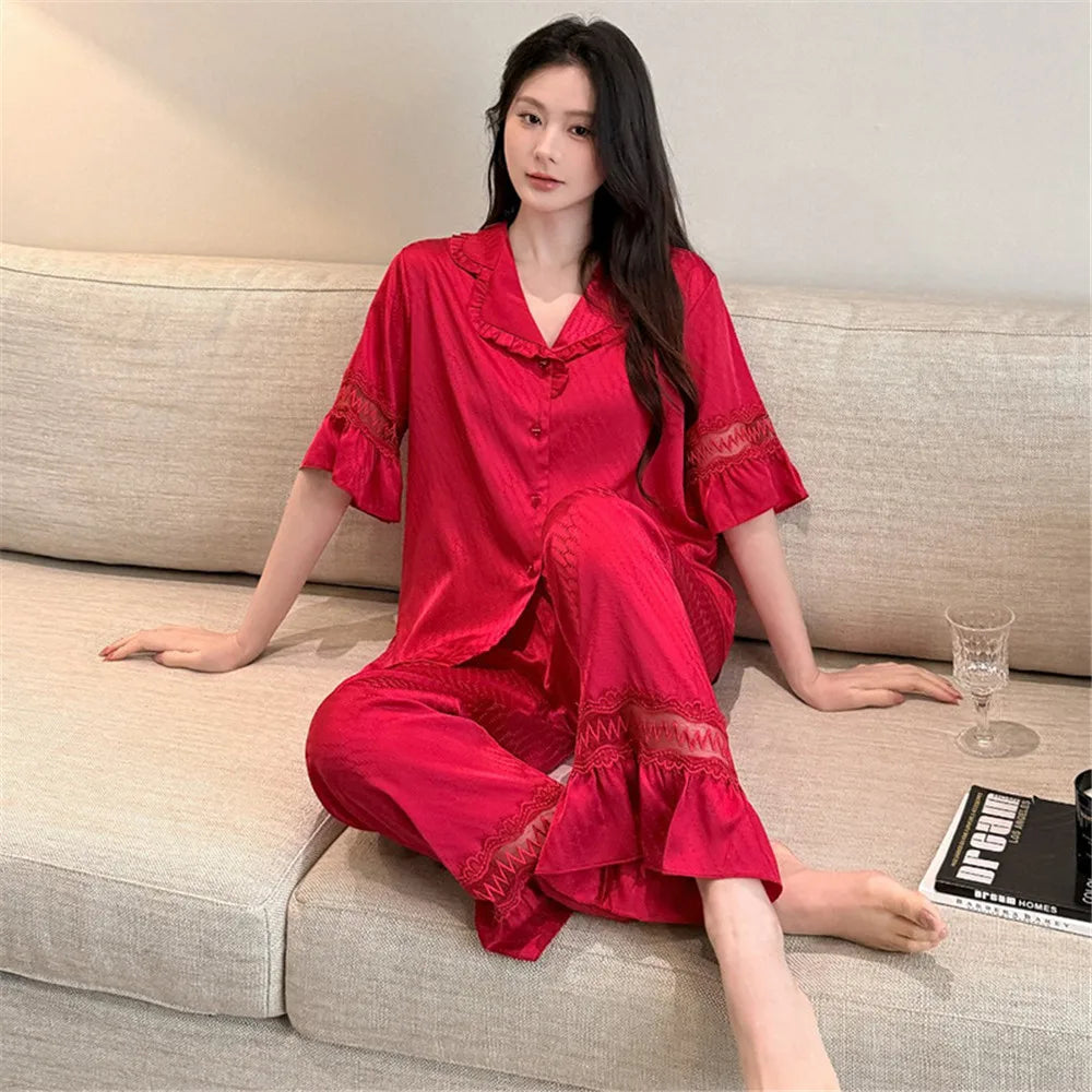Women Men Pajamas Short Sleeved Shirt Trousers Ice Silk Sleepwear