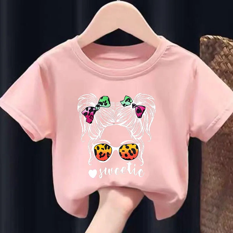 Girls Cartoon The Girl with The Glasses Short Sleeve T-shirt Casual Fashion for Children Kids Clothes Tops