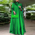 Elegant Evening Dress VONDA Women Pleated Stand Collar Long Sleeve Satin Party Sundress Autumn Casual Solid Loose Robe Vestidos