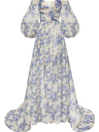 Sexy Strapless Puff Sleeve Bohemian Dress Fashionable Flower Print Bandage Long Dress Elegant Hight Waist Split Evening Dresses