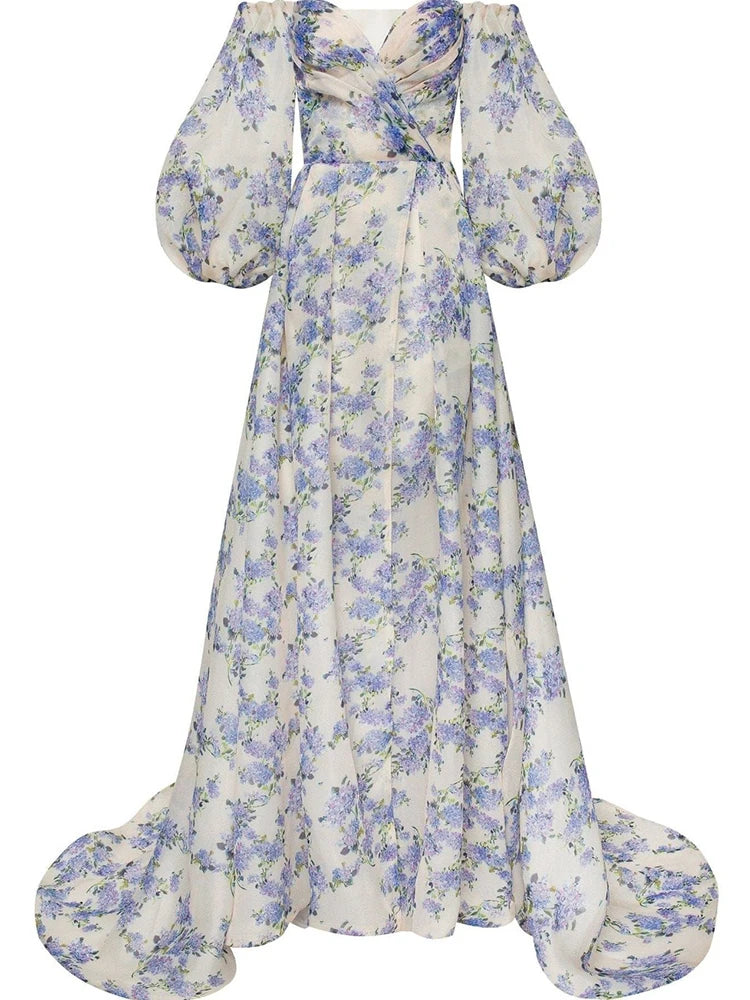 Sexy Strapless Puff Sleeve Bohemian Dress Fashionable Flower Print Bandage Long Dress Elegant Hight Waist Split Evening Dresses