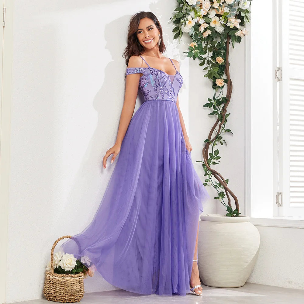 Purple Color Embroidery Sequin Dress Women Long Evening Party Gown Bridesmaid Dress For Summer Autumn Wedding Party