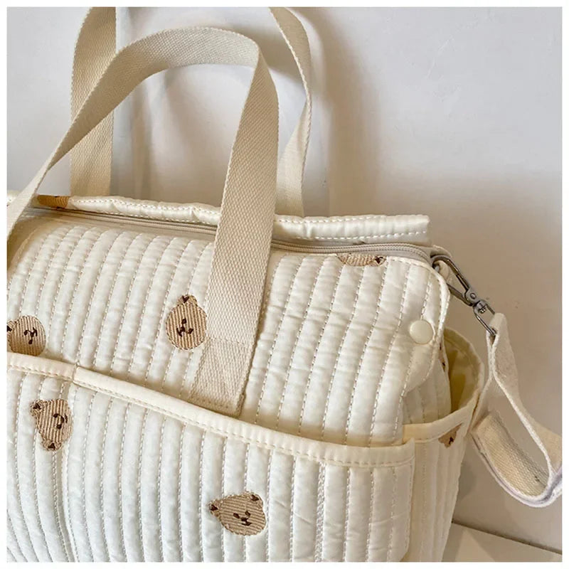 New High-capacity Mummy Bag Embroidered Bear Mother and Baby Handbag Baby Bottle Diaper Portable Baby Stroller Bag