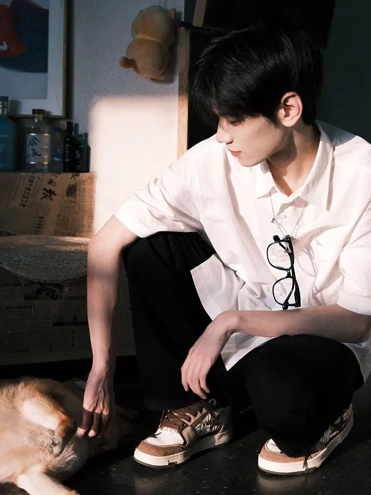 Japanese Short-sleeved Shirt Boy Boy's Stylish Brand Ins Solid Color Casual Summer Thin Retro Loose Shirt Jacket