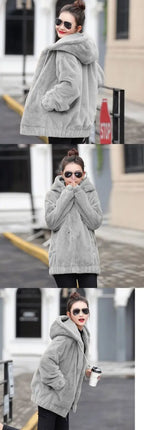 Plush hooded jacket for women mid-length winter new loose plush warm long sleeves plush Short jacket fashion casual coat
