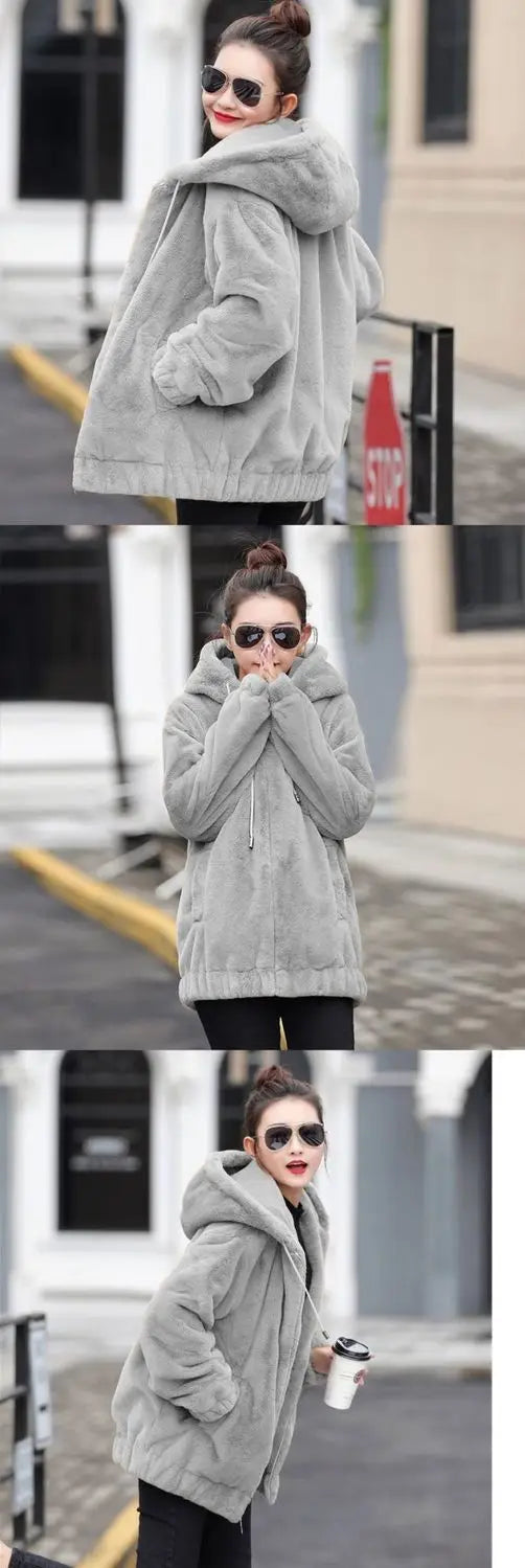 Plush hooded jacket for women mid-length winter new loose plush warm long sleeves plush Short jacket fashion casual coat