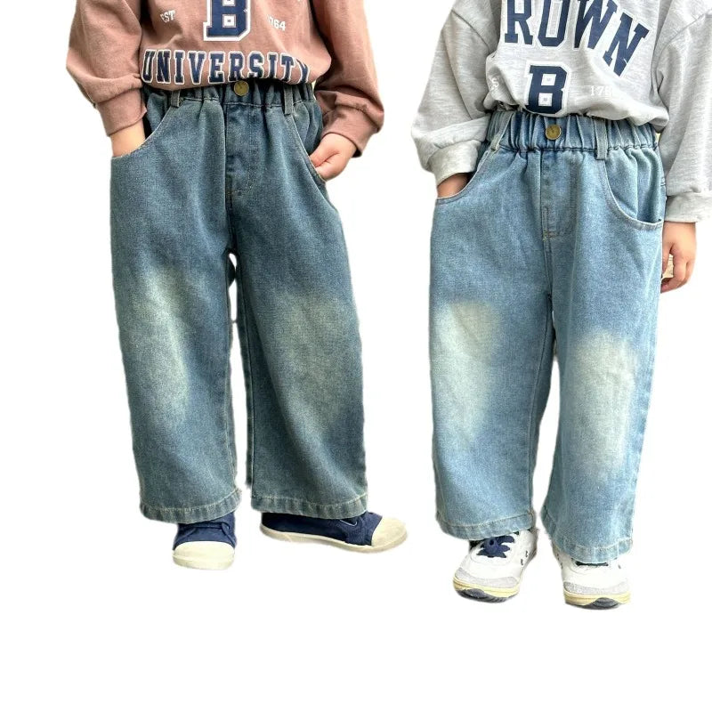 Children Wide Leg Jeans Spring Autumn Boy and Girl Elastic Waist Straight Leg Denim Pants Kids Casual Versatile Trousers A40056