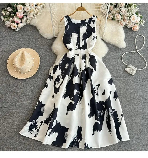 Faionable Ele Vest Long Dr High Waist Slim A-Line Print Maxi Skirt round Ne Svel Women's Summer Dr