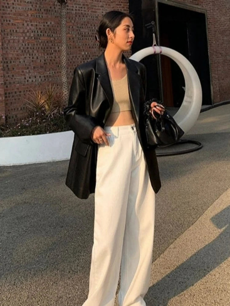 Korean Black Leather Moto Jacket Vintage Warm Female Loose Leather Suit Blazers Streetwear Ladies Fashion Trend Thin Biker Coats