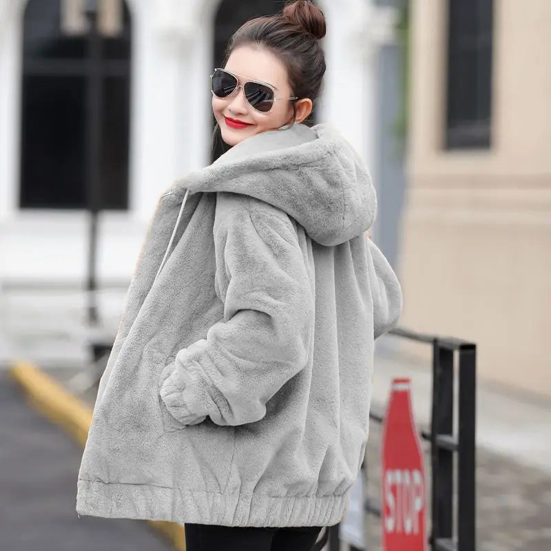 Plush hooded jacket for women mid-length winter new loose plush warm long sleeves plush Short jacket fashion casual coat