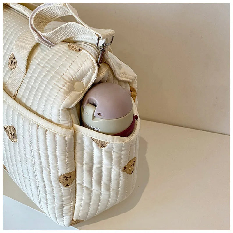 New High-capacity Mummy Bag Embroidered Bear Mother and Baby Handbag Baby Bottle Diaper Portable Baby Stroller Bag