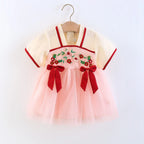 Children's Clothing Girl's Dress Summer New Cute Small Bow Flower Embroidery Improved Version Hanfu Ru Skirt
