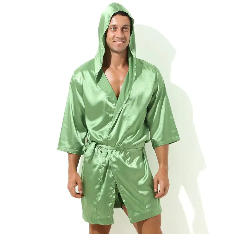 Sexy Sleepwear Men Robes Bathrobes Soft Silky Short Sleeve Nightgown Mens Homewear Dressing Gown Male Pajamas (No shorts)