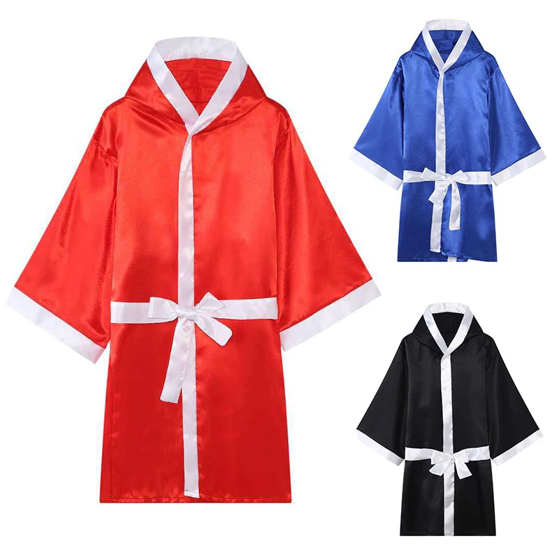 Boxing MMA Robes with Hood Full Length Satin Walkout Robe Men Women Adult Martial Arts Kickboxing Gown Red Blue Black Polyester
