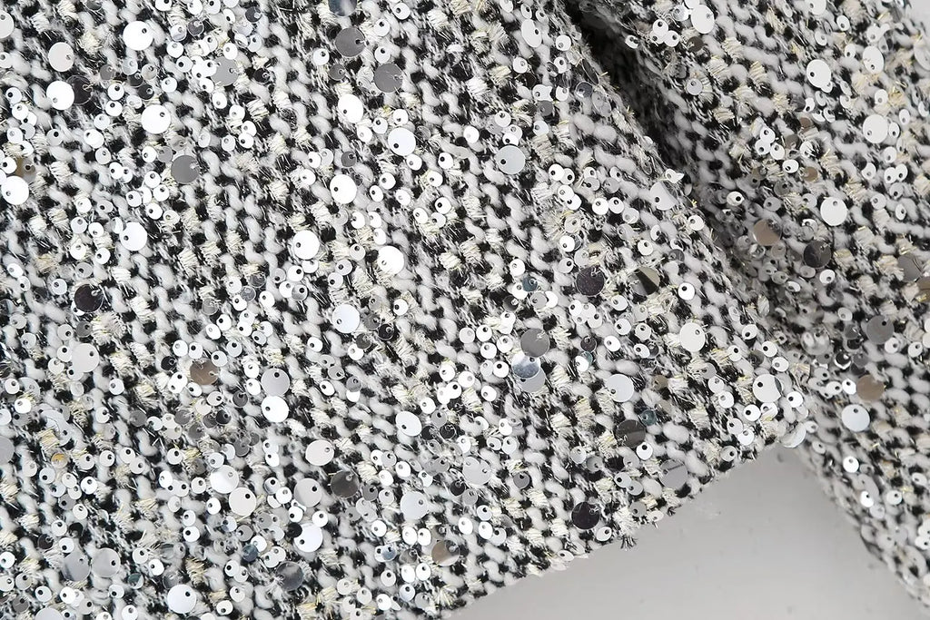 BKQU Tweed Sequined Jackets Women Casual Loose Round Neck Long Sleeved Cropped Silver Cardigan Autumn Female Warm Elegant Coats