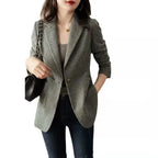 Green Jacket Coats for Women Skinny Plaid Outerwears Korean Fall Clothes  Simple Cheap Stylish in Promotion Check Blazer Woman