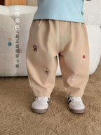 2025 Fall New Toddler Kids Pants Cotton Cartoon Embroidered Harem Pants Baby Boy Casual Striped Denim Baggy Trousers