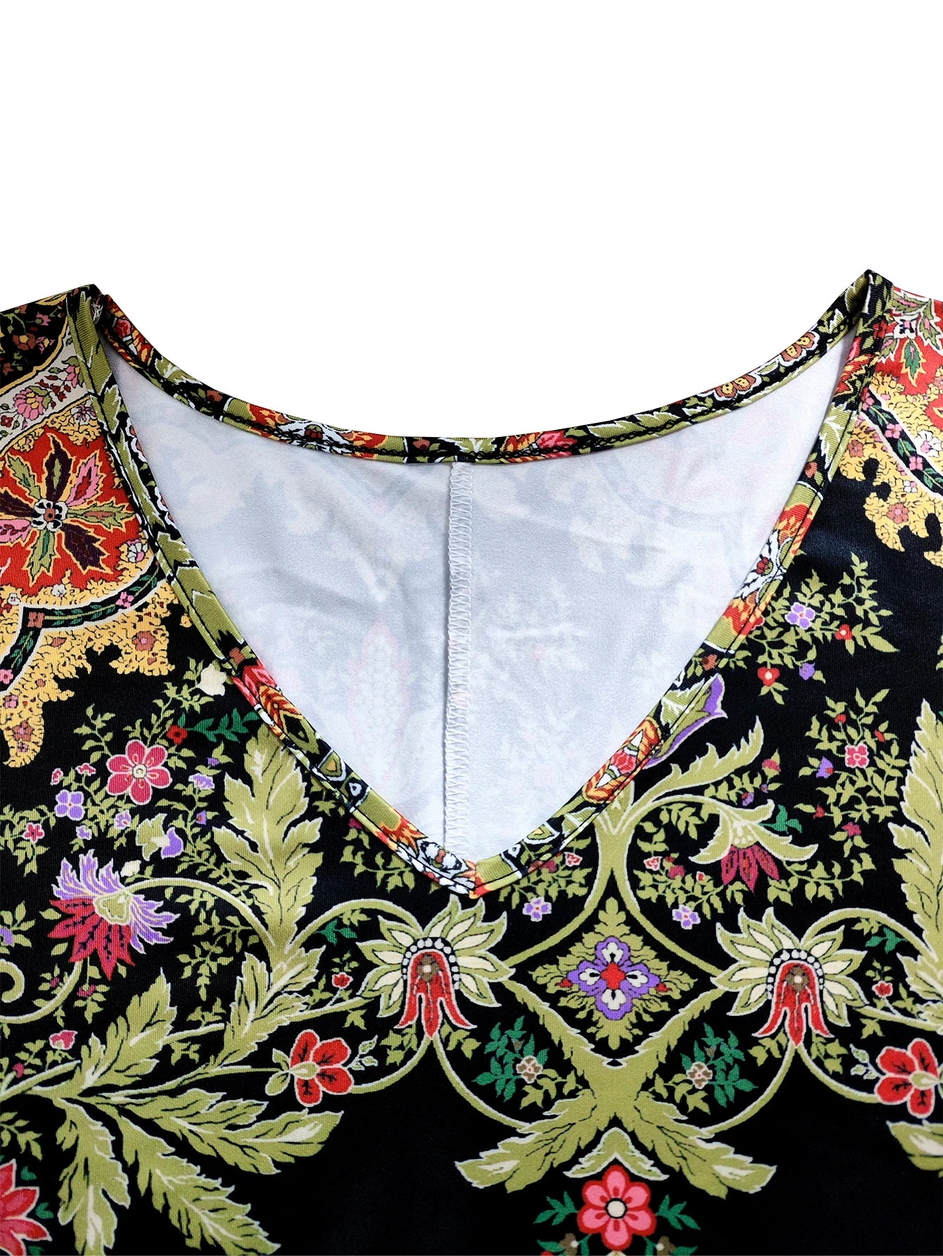 Plus Size Women's Boho Floral Maxi Dress, Long - Sleeve V - Neck, Ethnic Print, Casual & Festival Wear