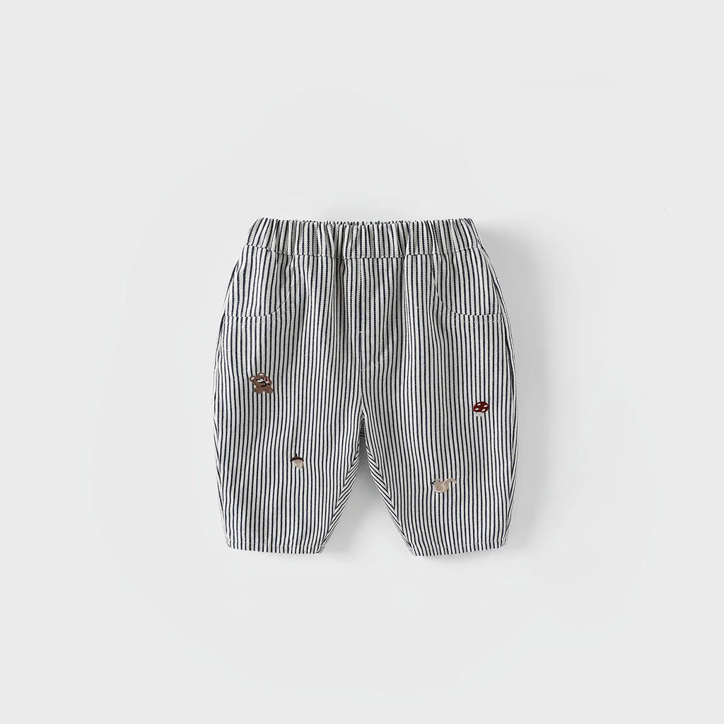 2025 Fall New Toddler Kids Pants Cotton Cartoon Embroidered Harem Pants Baby Boy Casual Striped Denim Baggy Trousers