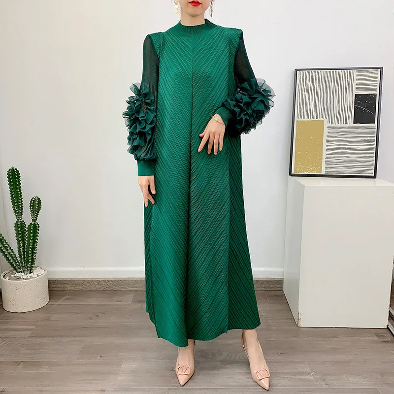 YUDX Hot Sales 2024 Summer New Pleated Formal Dresses for Women Mesh Petal Sleeve Solid Evening Party Long Maxi Dresses