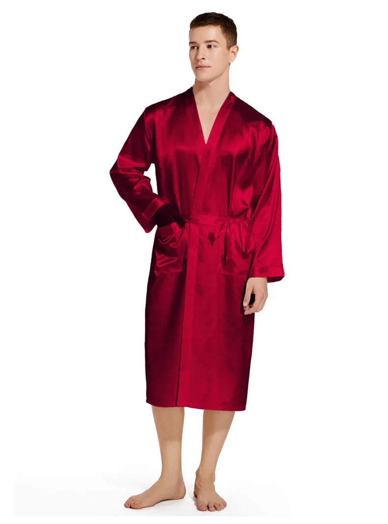 Men Long Bathrobe Sleepwear Navy Blue Silk Satin Bridegroom Wedding Robe Kimono Gown Spring Summer Home Clothes Loungewear