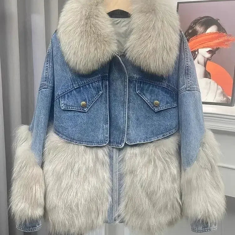 Fashionable European Style Thick Fur Collar Winter New Women's Denim Jacket with Patchwork Fur Parkas