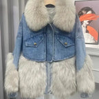 Fashionable European Style Thick Fur Collar Winter New Women's Denim Jacket with Patchwork Fur Parkas