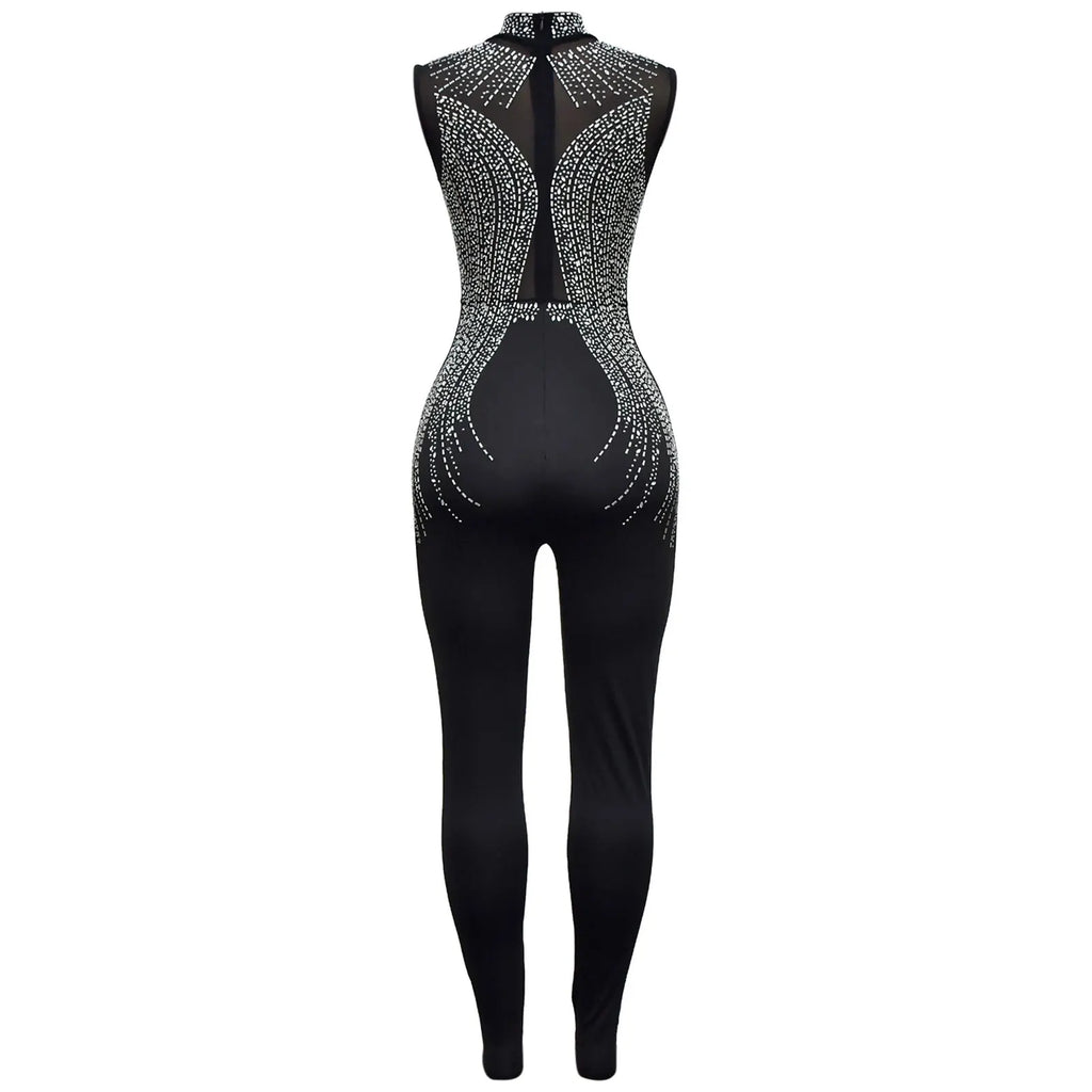 Women's Glittery Rhinestones Gymnastics Jumpsuit Sheer Mesh Patchwork Mock Neck Long Sleeve Dance Rompers One-piece Bodysuit