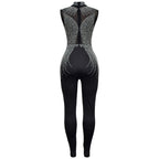 Women's Glittery Rhinestones Gymnastics Jumpsuit Sheer Mesh Patchwork Mock Neck Long Sleeve Dance Rompers One-piece Bodysuit
