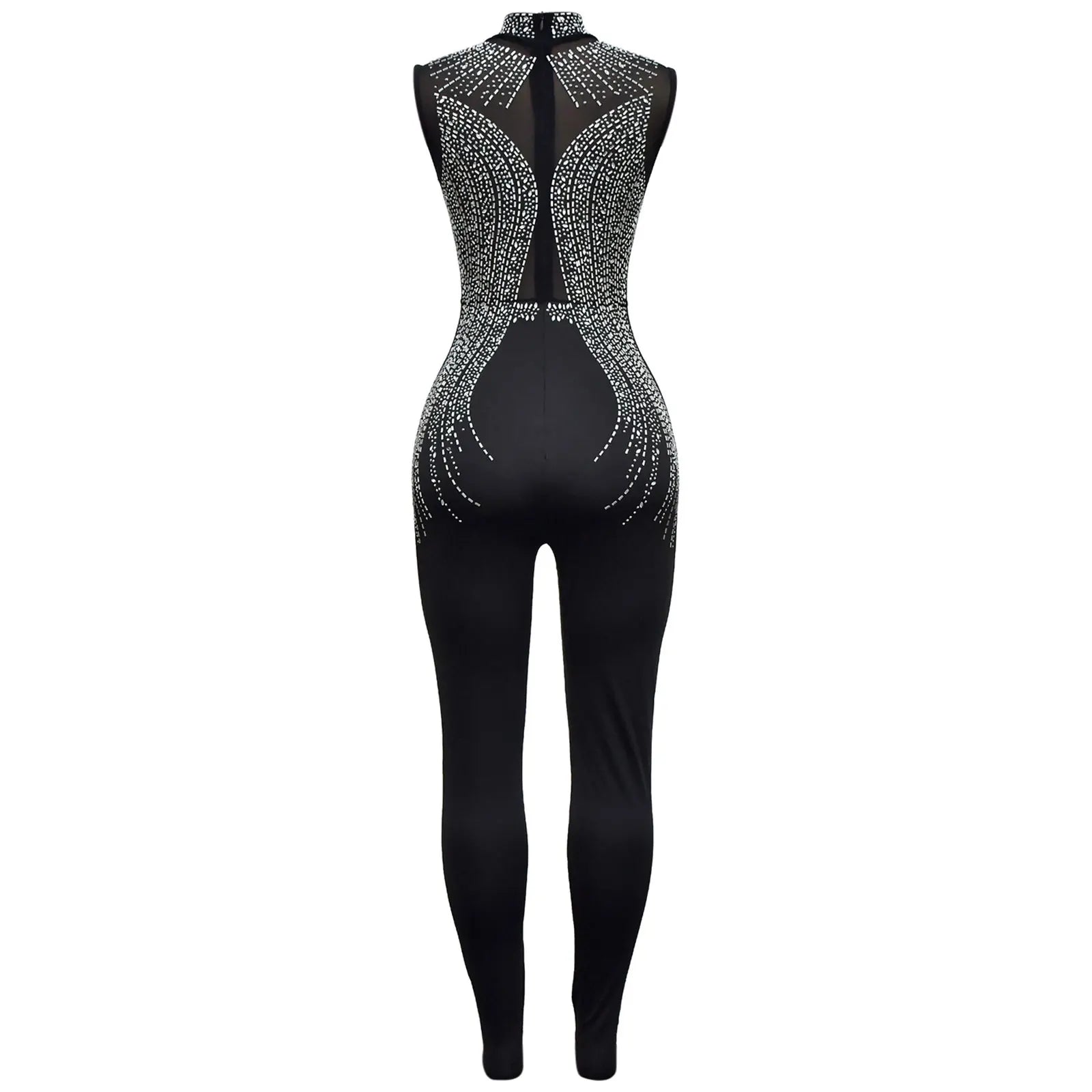 Women's Glittery Rhinestones Gymnastics Jumpsuit Sheer Mesh Patchwork Mock Neck Long Sleeve Dance Rompers One-piece Bodysuit