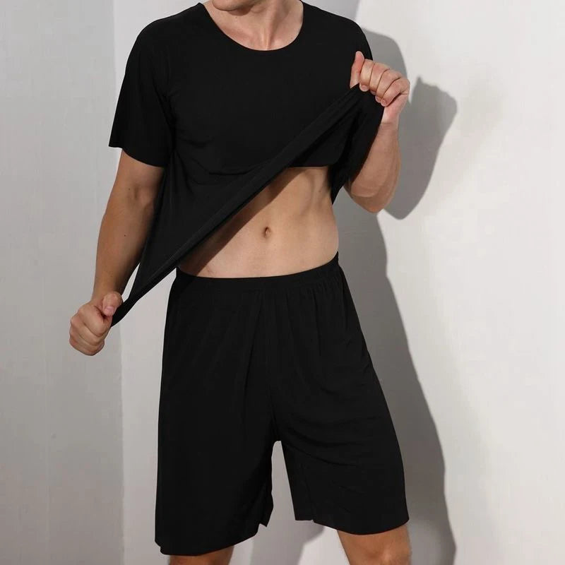 Men Ice Silk Pajamas Solid Shirt & Pants 2Pcs Pijamas Sleep Set Casual Male Home Clothes Summer Pyjamas Sleepwear Nightwear Suit