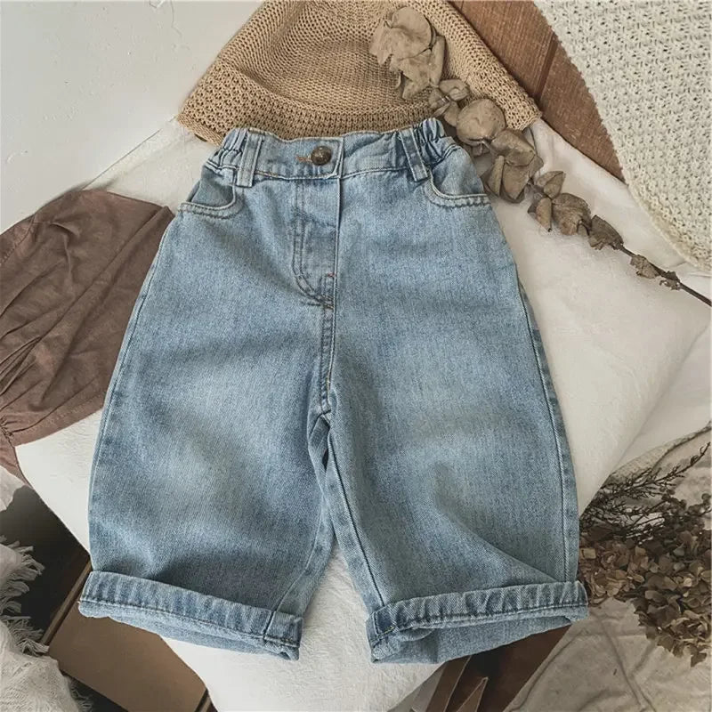 New Kids Jeans 2-6 Years Childrens Loose Wide Leg Pants Girls Simple Solid Color Trousers Fashion Jeans