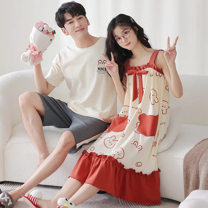 Summer Pyjamas Men Knited Cotton Pajamas Set Korean Sweet Pijamas Ladies Sexy Sleepwear Home Clothing For Youth Boy Girl