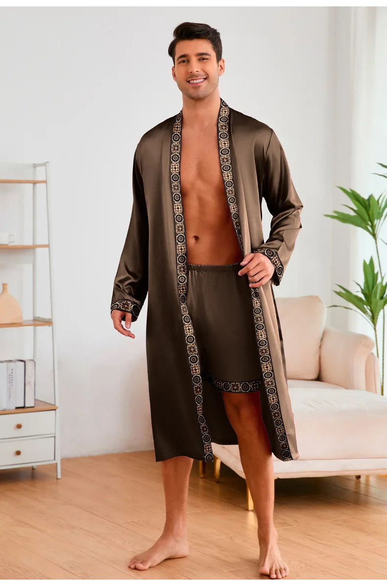 Men Long Robe Pajamas Set Baroque Style Kimono Bathrobe Gown Spring Summer Male Sleepwear Home Clothing Rayon Loungewear Pijamas
