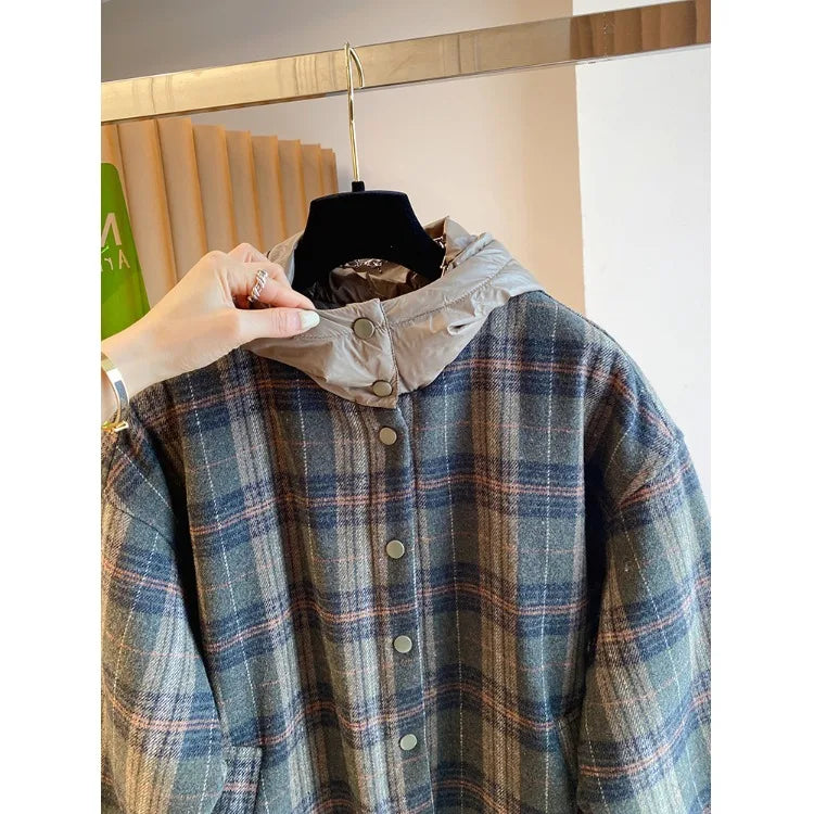 Winter Thiened Plaid Cotton Coat Women's Loose Korean Sle Hooded Jaet Long Sve Commute Faion Regular Length Single...