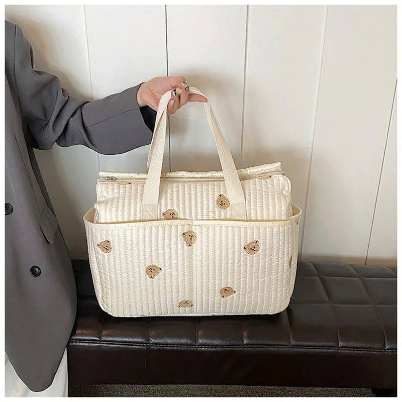 New High-capacity Mummy Bag Embroidered Bear Mother and Baby Handbag Baby Bottle Diaper Portable Baby Stroller Bag
